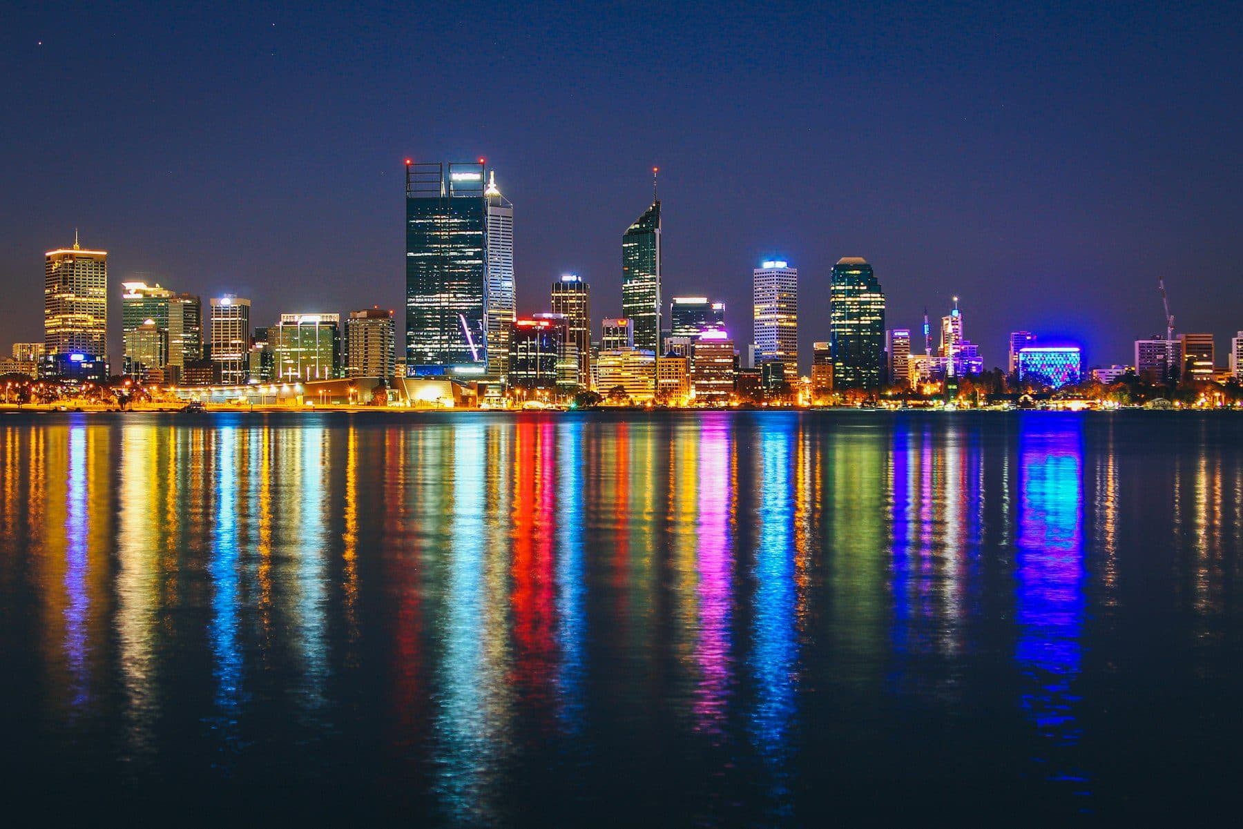 Adelaide city lights along the River Torrens at night